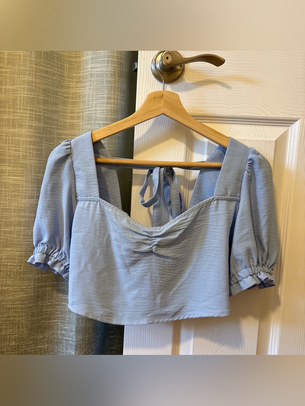 Light Blue Puff Sleeve Crop Top Size with Tie Back